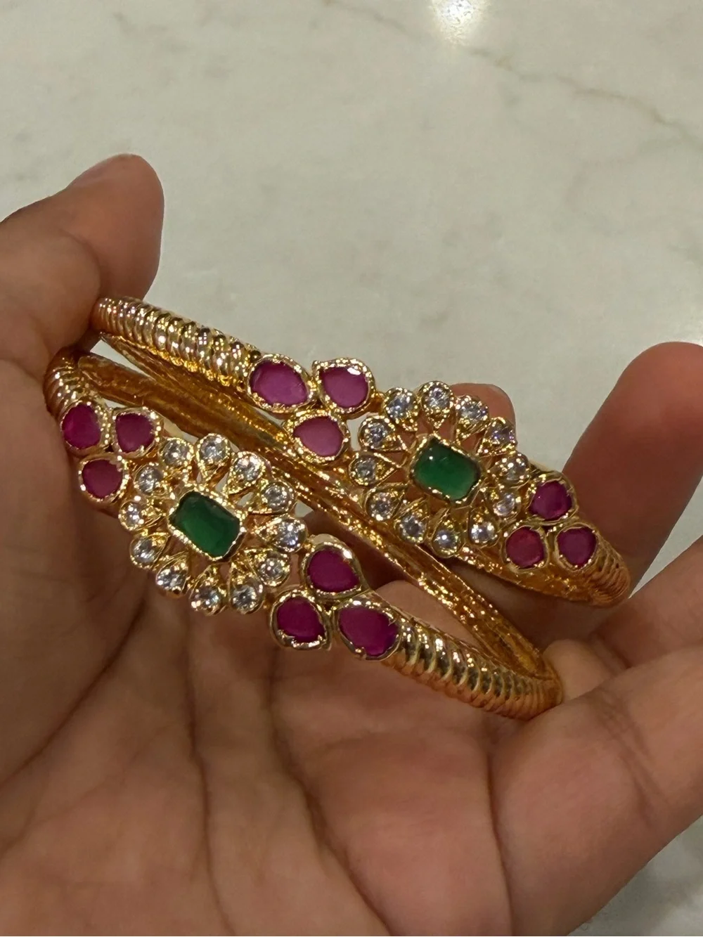 Set of 2 Gold Bangles | Kundan Ruby Emerald Indian Pakistani Bridal Bangles